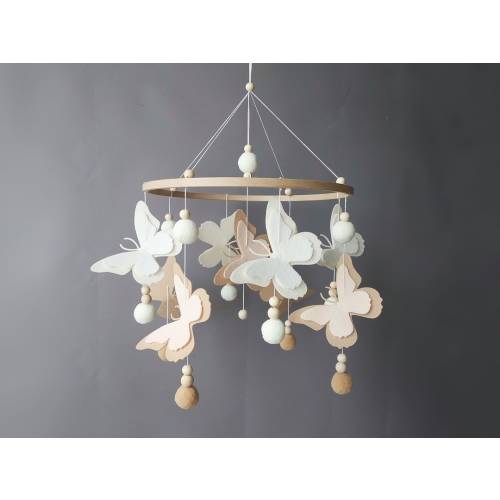 Butterfly mobile baby girl Crib pom pom boho mobile musical bebe Nursery felt baby mobile neutral Hanging ball Cot wood beads mobile