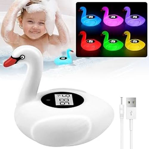 Baby Bath Thermometer with Colorful Lights, Rechargeable Bath Thermometer Baby Safety, Swan Baby Bath Temperature Toy, BPA-Free Baby Bathtub Water Thermometer for Newborn, Infants, Pregnancy