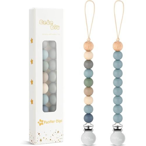2 Pack Pacifier Clips, Silicone Pacifier Clip for Baby Boys and Girls, Baby Pacifier Strap with Silicone Beads, Soother Dummy Holder, Pacifier Holder, Keeps Pacifier Clean (Wilderness/Ether)