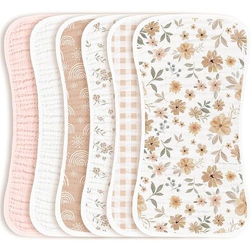 Konssy Muslin Baby Burp Cloths Sets for Unisex- 6 Pack Large 100% Cotton Adorable Printed Burping Clothes for Newborn, Baby Girls and Boys