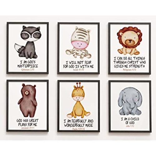 Tuyashua Bible Verse Wall Art, Woodland Animal Art Print Set of 6 (8×10inch), christian wall decor, Watercolor Baby Animal Posters, Baby Animal Wall Art, Nursery Room Wall Decor (UNFRAMED) ZSH009