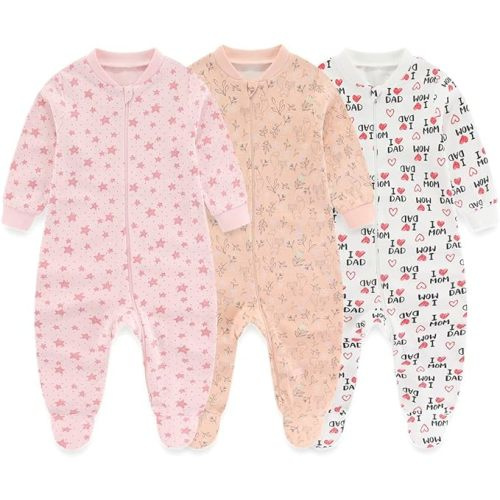 Newborn Baby 2-way Zipper Romper Cotton One-piece Jumsuit 3-pack, 0-24 Months