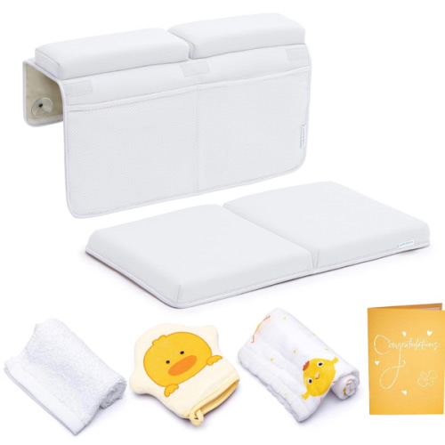 Bath Kneeler and Elbow Rest Pad, Extra Thick Baby Bath Kneeling Pad and Elbow Pad for Bathtub. Bath Tub Elbow Pad with Infant Toy and Baby Accessories Organizer, Off White Color