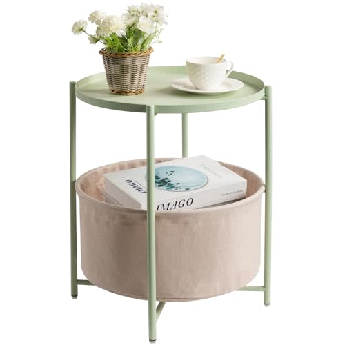 danpinera Round Side Table with Fabric Storage Basket, Metal Side Table Small Bedside Nightstand with Removable Tray Top for Living Room, Bedroom, Nursery, Laundry, Light Green