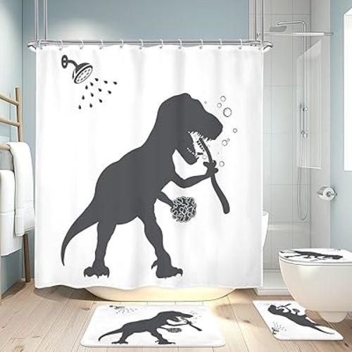 4PCS Dinosaur 71Wx71H Inches Funny Animal Dino Silhouette Shadow Kids Shower Curtain Sets with Rugs,Toilet Lid Cover and Bath Mat,for Boys Bath Accessories Art Home Decor Fabric 12 Pack Hooks