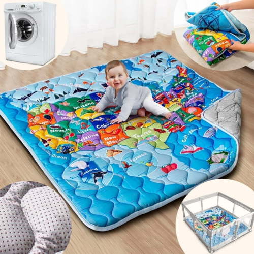 Beavtaens Baby Play Mat for Floor, Fits 50x50 Playpen, Super Soft, Non-Slip, for Ages 0-4 (Map)