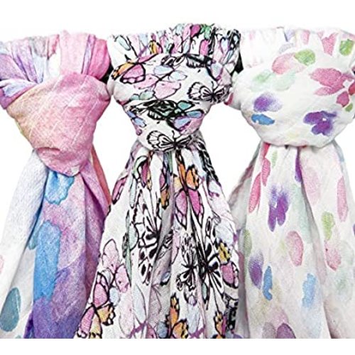 Muslin Swaddle Blankets, 3 Pack Large 47x47in Baby Blanket, Flutter