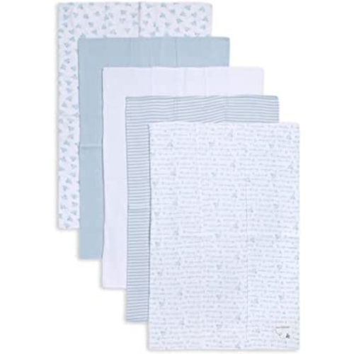 Burt's Bees Baby - 5 Pack of Burp Cloths, 100% Organic Cotton (1 Cloud, 1 Solid Color, 1 Honey Bee Print, 1 Stripe, 1 Alphabet Bee Print, Sky)