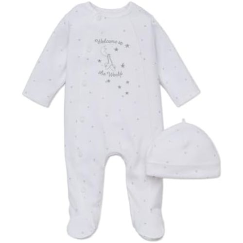 Little Me Gender Neutral Clothes for Baby 2-Piece 100% Cotton Scratch-Free Tag Footie Sleeper and Cap Sets, Preemie to 9M