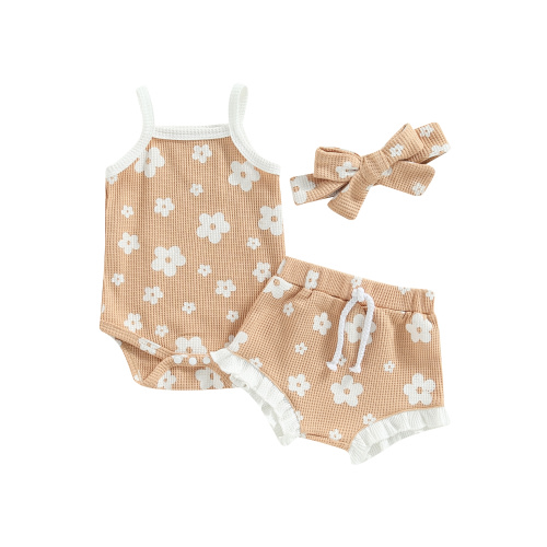 Mubineo Baby Girl Summer Rompers Set Floral Spaghetti Straps Sleeveless Jumpsuit and Casual Ruffle Shorts Headband
