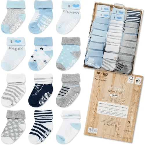 Baby Socks 12 Pairs - Non-Slip Infant Grip for Newborns & Toddlers 0-6 Months, Boys & Girls, Safe for Walking