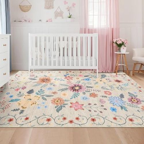 Area Rug, Washable Rugs for Living Room, Boho Floral Area Rug Low Pile Kitchen Rug, Non Slip Soft Indoor Flower Carpet for Nursery Bedroom