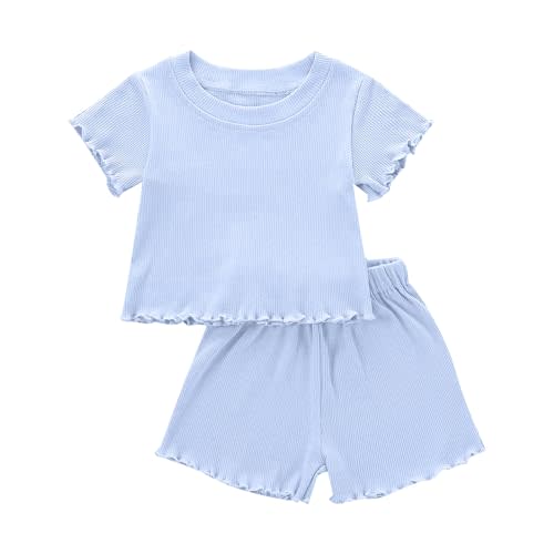 Dimoybabe Toddler Baby Girl Summer Clothes Ribbed Knit Cotton Cute Summer Outfits Short Sleeves 2 Pieces Shorts Set 12M - 5T