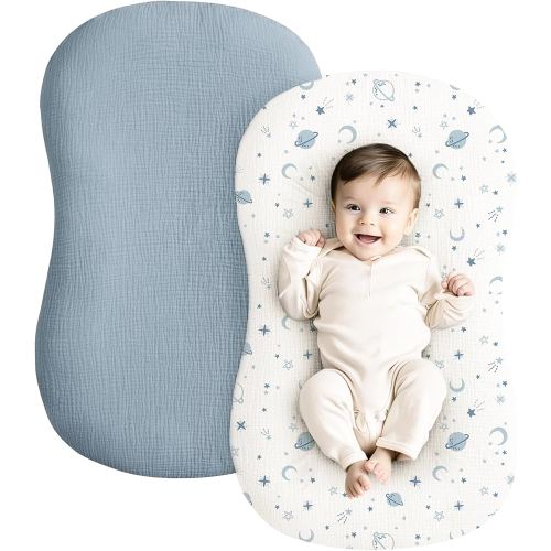 Konssy Muslin Baby Lounger Cover 2 Pack, 100% Cotton Newborn Lounger Cover, Soft and Breathable Baby Nest Slipcover for Boys Girls (Star,Blue)