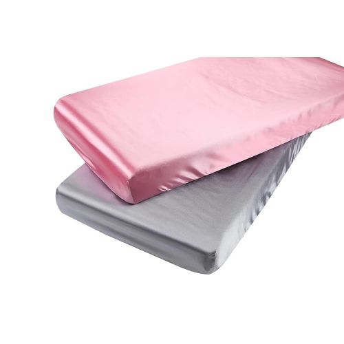 Satin Fitted Crib Sheet Set 2 Pack Ultra Soft Silk 28x52 for Standard Crib and Toddler Mattress Protect for Baby Hair and Skin, Grey & Pink