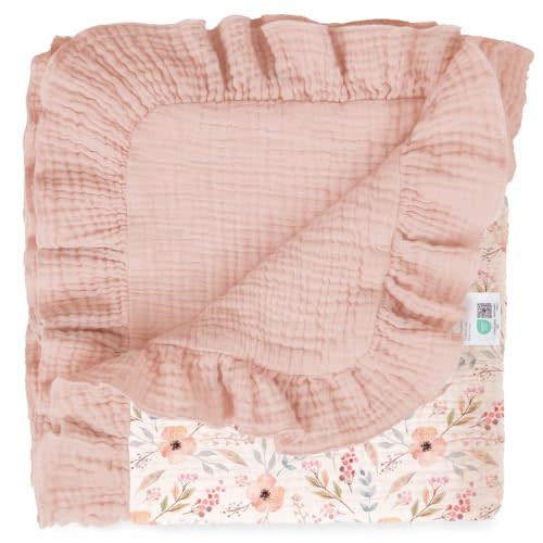 lulumoon Muslin Baby Blanket for Girls: Soft Breathable Cotton Crib Blanket with Ruffle - Floral Print Lightweight Receiving for Wrap Newborn & Nursery Stroller 40"x36"(Pink Flower)