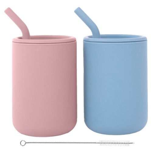 WeeSprout Silicone Baby Cups With Straws and Lids, 8 oz, Set of 2