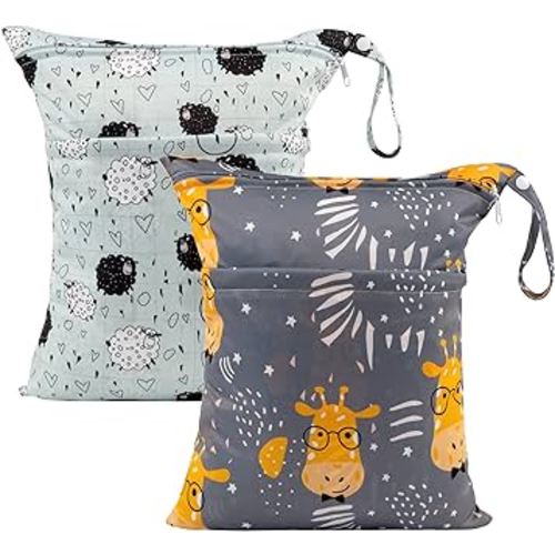 ALVABABY 2pcs Cloth Diaper Wet Dry Bags Waterproof Reusable with Two Zippered Pockets Travel Beach Pool Daycare Soiled Baby Items Yoga Gym Bag for Swimsuits or Wet Clothes LZ1920