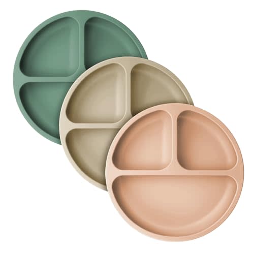 Cutebe 3 Pack Suction Plates for Baby Food Grade Silicone Baby Plates with Suction Microwave & Dishwasher Safe Toddler Plates Divided Design & Raised Edges Toddler Dishes for Feeding