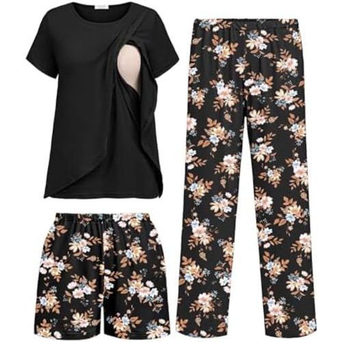 Ekouaer 3 PCS Maternity Nursing Pajamas Set Postpartum Breastfeeding Short Sleeve Shirts, Pregnancy Shorts & Pants Pjs S-XXL