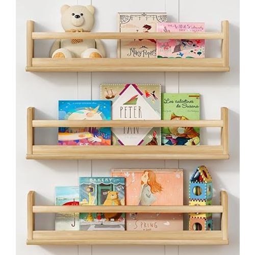 Natural Wood Wall Bookshelf for Kids Bedroom Set of 3, 24 Inch Wooden Floating Nursery Book Shelves for Baby Boy Girl Room, Wall Mounted Toddler Book Shelf for Toy Organizers and Storage