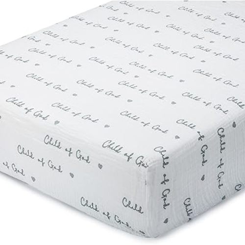 LollyBanks Muslin Crib Sheet 1 Pack, 100% Cotton Baby Crib Sheet for Boys and Girls, Soft and Breathable Neutral Baby Fitted Sheets for Standard 52"x28" Mattress, Registry (Child of God Print)