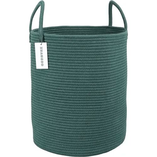 Cotton Rope Laundry Basket Hamper for Clothes Woven Storage Basket for Living Room Bedroom Boho Tall Rope Baskets for Blanket Toys Pillow Towels Baby Nursery Hamper Bin Large dark green