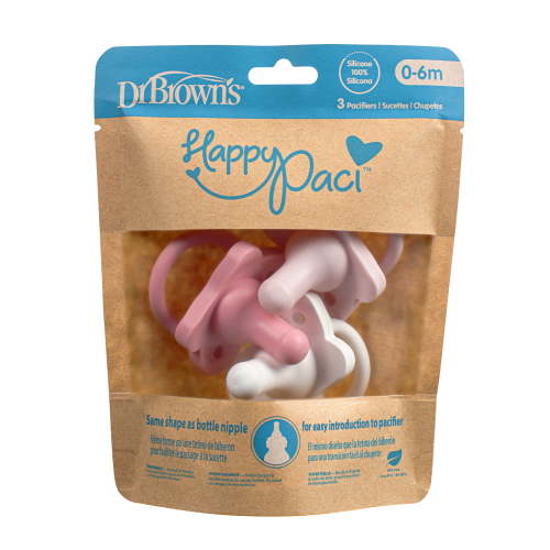 Dr. Brown's HappyPaci 100% Silicone Baby Pacifier 0-6m, BPA Free, White, Pink, Light Pink, 3 Pack