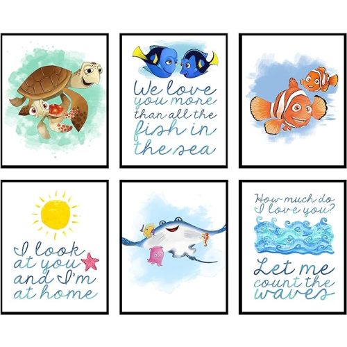 Silly Goose Gifts Nemo Fish Ocean Themed Character Wall Art Print Decor with Quotes Made in USA (I'm Home Set of Six)