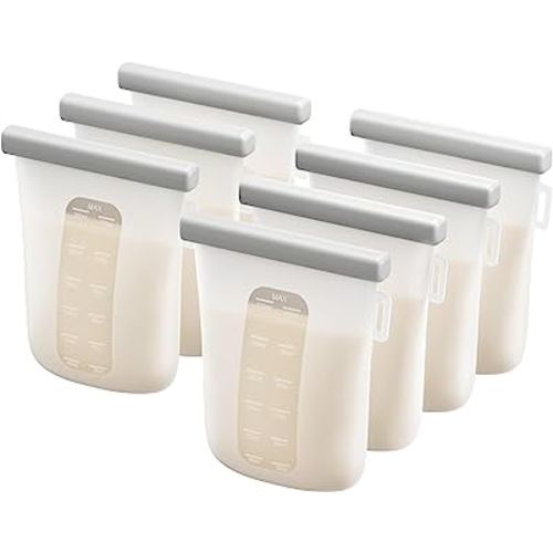 Nuliie 7 Pcs Reusable Silicone Breastmilk Storage Bags, 12oz/360ml Double Leak-Proof Breastmilk Freezer Bags, BPA Free Self-Standing Milk Bags for Breastfeeding, Baby Food Pouches