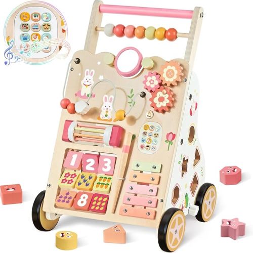 Baby Push Walker, Wooden Baby Walker with Wheels, Montessori Activity Center for 1 2 3 Years Old Boys Girls, Adjustable Speed & Height Push Toy for Toddler Learning to Walk, Gift for Kids Development