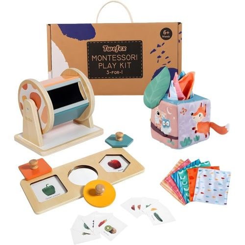 Twefex Montessori Toys for Babies 6-12 Months - 3 in 1 Baby Toys Play Kit - Medium Spinning Drum - Baby Tissue Box Toy - Peekaboo Knob Puzzle with Cards - Learning Educational Toy for Boys and Girls