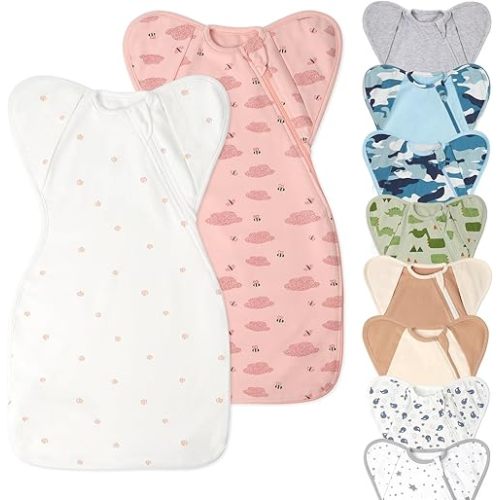 Swaddle Blanket Sleep Sack with Arms Up Design 2 Packs, Hands Up Sleeping Sack 3-Way Transitions to Arms-Free Wearable Sleeping Bag for Newborn Baby Boys Girls Snug Fit Calms Startle Reflex