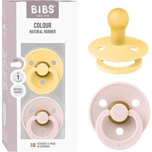 BIBS Colour Pacifier 2-Pack, BPA Free Dummy Binky, Round Nipple. Natural Rubber Latex, Made in Denmark, Size 1 (0-6 Months), Pale Butter/Petal
