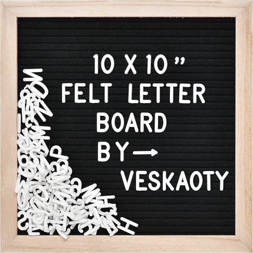 Felt Letter Board with 294 Letters, Numbers & Symbols - 10 x 10 inch Changeable Message Board with Wooden Frame Wall Mount Hook, (Black Board & Wood Frame)