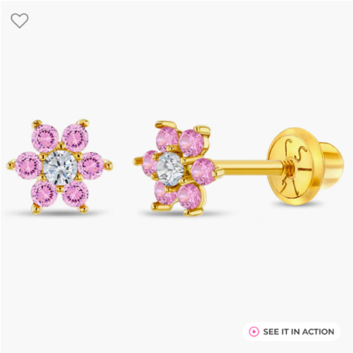 14k Gold Cubic Zirconia Flower Baby / Toddler / Kids Earrings Safety S