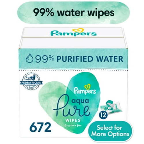 Pampers Aqua Pure Hypoallergenic Baby Wipes, 99% Water, Unscented, 672 Count, 12-Pack