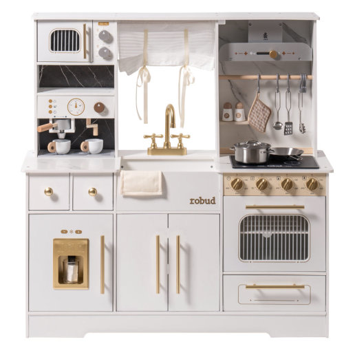 ROBUD Large Preschool Kitchen Playset, Large Wooden Play Kitchen with Oven, Refrigerator, Coffee Machine and Microwave , Realistic Toddler Kitchen Set & Reviews | Wayfair