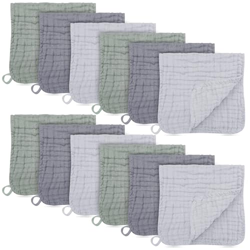 BAMBOO QUEEN 12 Pack Muslin Burp Cloths - Large 20" x 10", Ultra Absorbent 100% Cotton for Baby Drool and Messes - Soft, Gentle Baby Burp Rag for Boys & Girls -Grey, Green, Slate