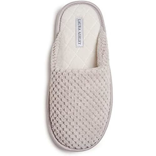 Laura Ashley Womens Plush Memory Foam Scuff Slippers, Fluffy Warm Micro Terry House Shoes, Comfy Slip On Bedroom Slipper