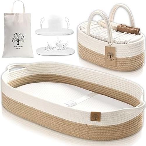 J&JOO Baby Changing Basket includes Diaper Caddy - Breathable & Waterproof Dual-Cover, Portable, Changing Pad for Dresser & Changing Table, Gift for Baby Shower, Cotton Rope Basket for Baby