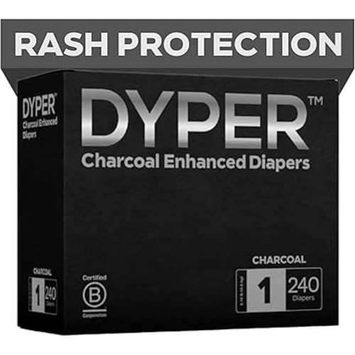 DYPER - Charcoal Enhanced Day & Overnight Disposable Baby Diapers - Made with Plant-Based* & Honest Ingredients, Hypoallergenic for Sensitive Skin - Size 1, (240 Count)