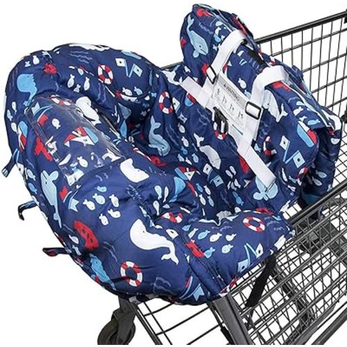 Shopping Cart Cover for Baby- 2-in-1 - Foldable Portable Seat with Bag for Infant to Toddler - Compatible with Grocery Cart Seat and High Chair (Blue Whale)