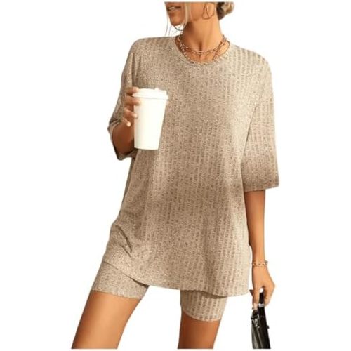 WDIRARA Women's 2 Piece Outfits Ribbed Short Sleeve Drop Shoulder Tee and Shorts Set Tracksuits