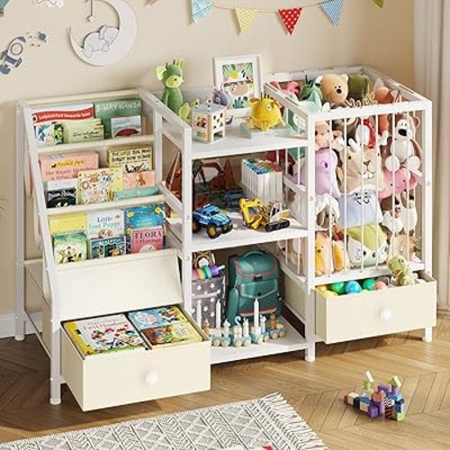 Kids Bookshelf and Toy Storage, Montessori Baby Bookcase with Stuffed Animal Storage and 2 Drawers, 3-Tier Sling Book Shelf for Kids Room, Nursery, Kindergarten, Playroom, White