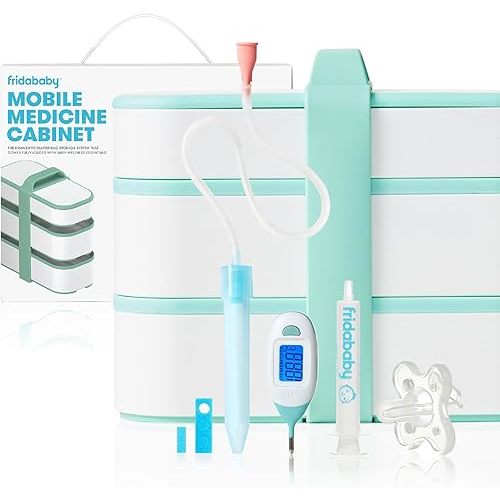 Frida Baby Mobile Medicine Cabinet Travel Kit, Baby Essentials Gift Set Includes NoseFrida Snotsucker, Rectal Thermometer, MediFrida Medicine Dispenser with Portable Carrying Case