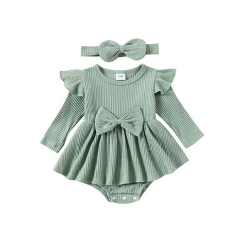 xiaxaixu Newborn Girl Outfit, Long Sleeve Crew Neck Bow A-line Romper Dress with Headband Clothes