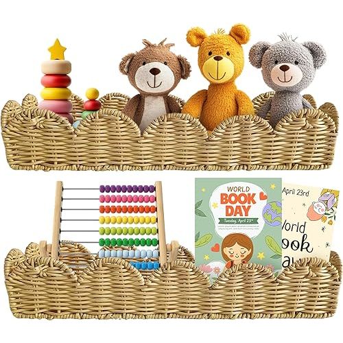 Rattan Nursery Book Shelves, Scalloped Bookshelf, Wicker Wall Decor, Baby Book Shelf, Floating Woven Bookshelves, Boho Decor for Baby and Kids Playroom, Natural Rustic Farmhouse Basket Set of 2