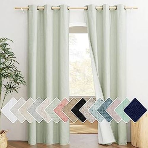 NICETOWN Sage Green 100% Blackout Linen Texture Curtains 84 inches Long 2 Panels for Boy's Room, Thermal Insulated Full Blackout 2-Layer Lined Cold Reducing Drapes, Energy Efficiency Window Draperies