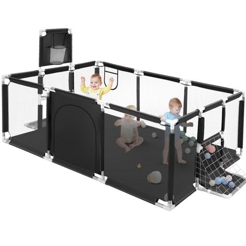 Baby Playpen,71 Inch Extra Large Baby Playard With Basketball Hoop and Breathable Mesh,Children Kids Play Fence for Indoors Outdoors,Black